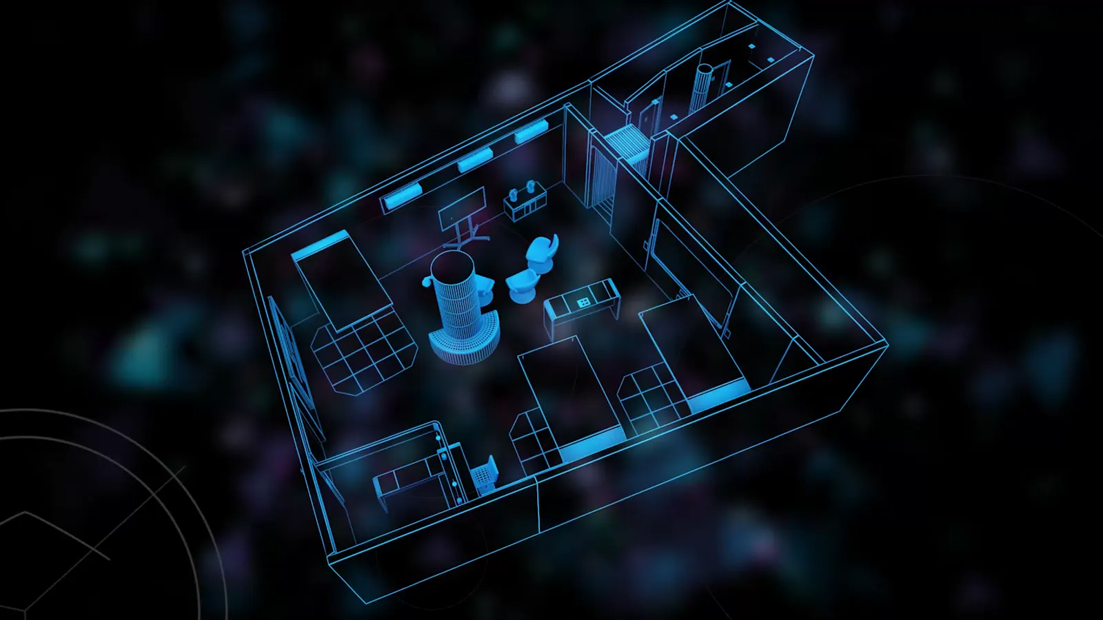 Projeto 3D da sala em wireframe