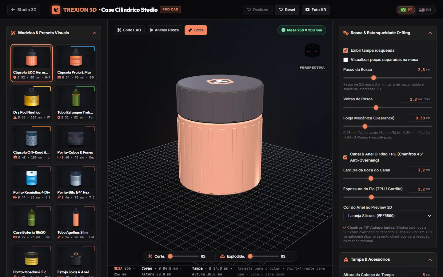 Case Cilíndrico no Studio 3D, com modelo 3D e controles paramétricos