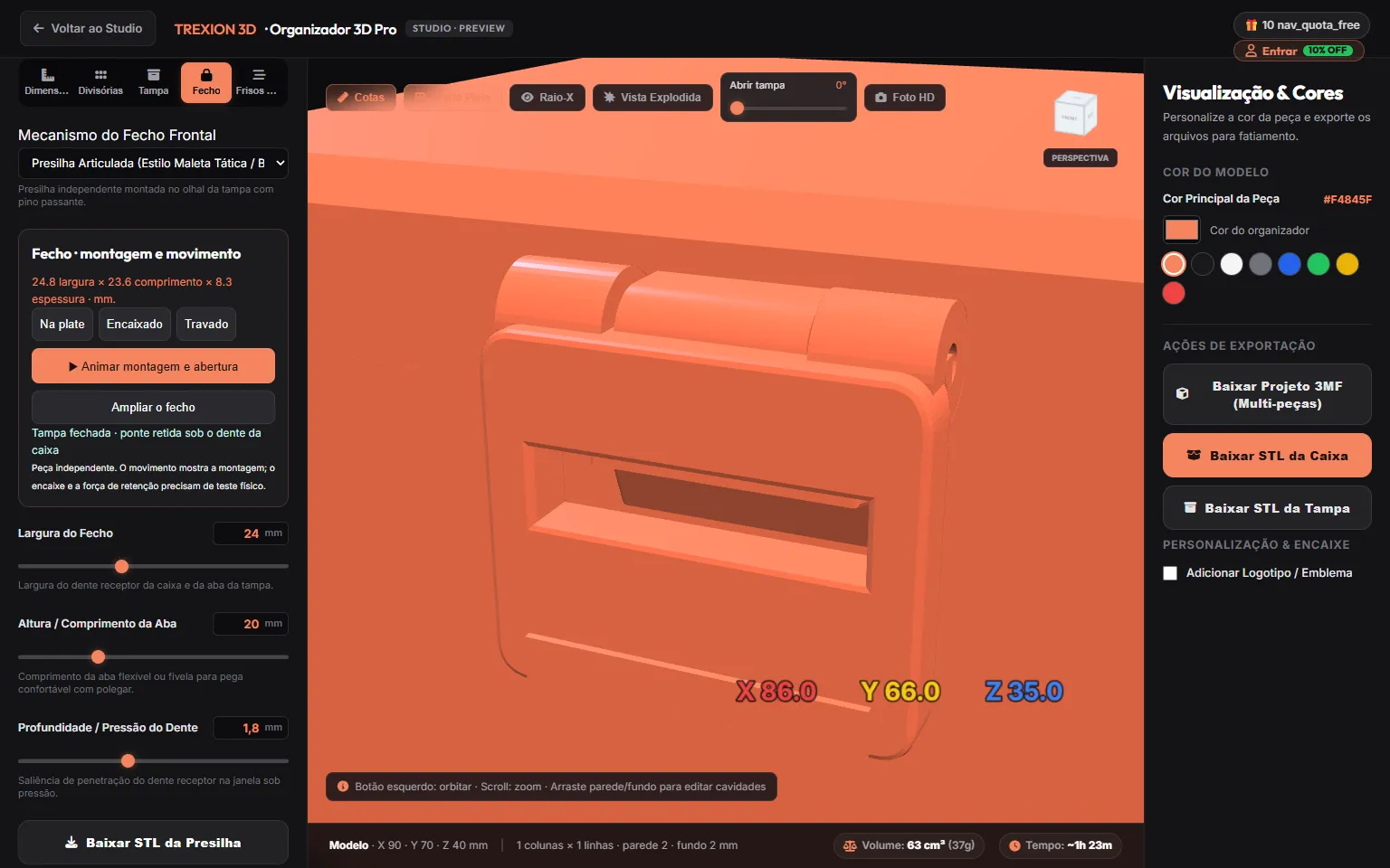 Organizador 3D com fecho articulado e controles