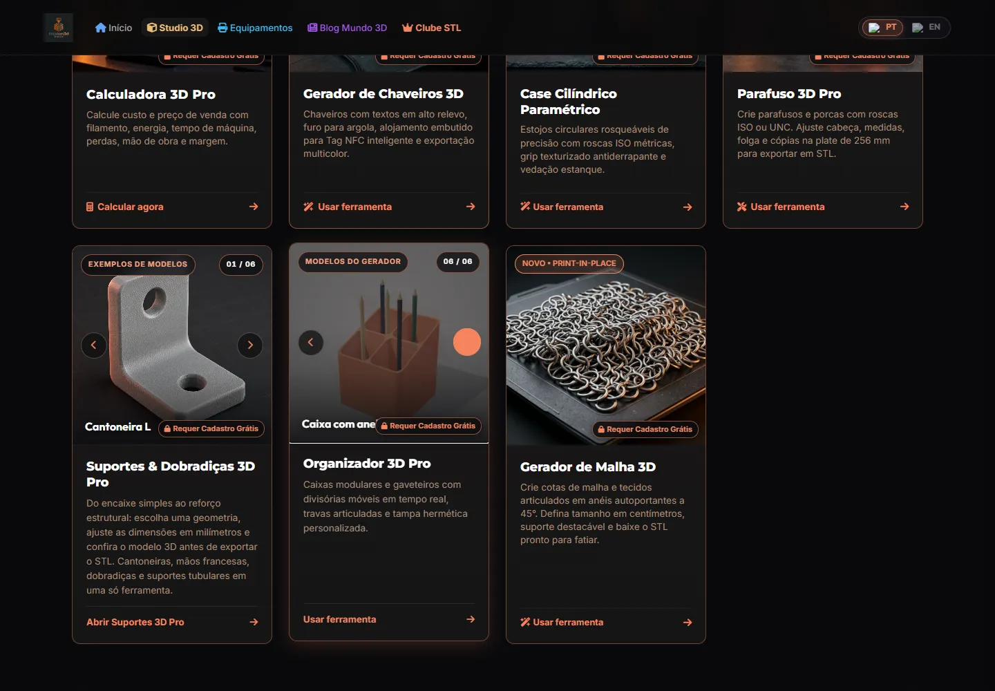 Página do Studio 3D da Trexion com os cartões de ferramentas